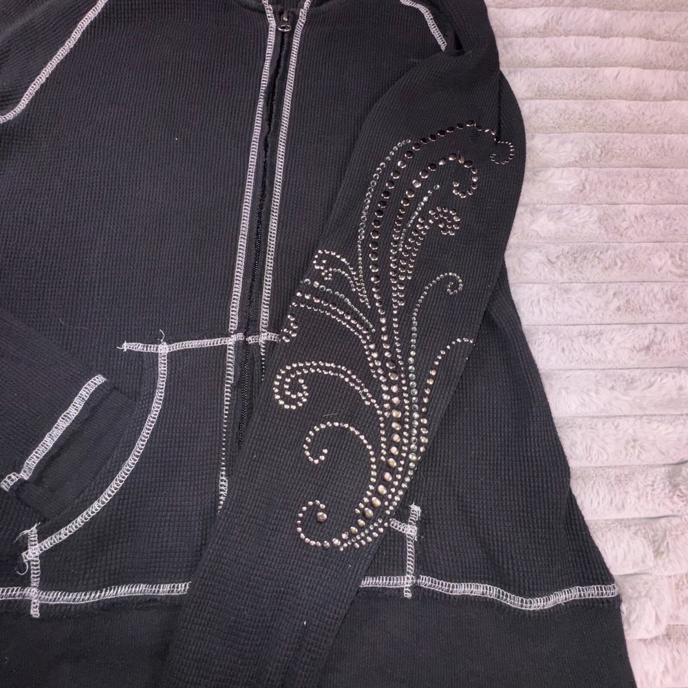 Ariat Jacket Womens XL Black Waffle Knit Thermal Studded Full Zip Top Y2K Grunge - Picture 7 of 11